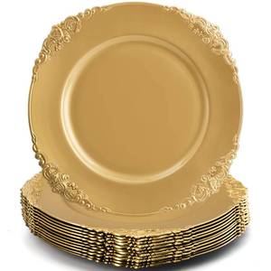 lot 5748 image: Okllen 12 Pack Gold Charger Plates, 13 Round Dinner Charger Plates with Embossed Rim for Catering, Wedding, Tabletop Decor