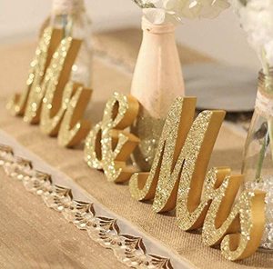 lot 5767 image: Mr &amp Mrs Wooden Letters for Wedding Table, Golden Large Mr. and Mrs. Sweetheart Table Decoration, Mister and Miss Wood Sign Wedding Present (Mr&ampMrs-Golden)