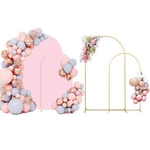 lot 5824 image: SuuWoee Metal Arch Backdrop Stand Set of 2 With Pink Cover (7.2FT6FT) Gold Wedding Arch Stand Balloon Arched for Birthday Party Baby Shower Graduation Ceremony Decoration