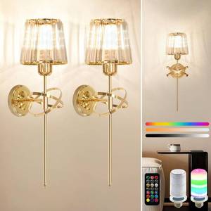 lot 5834 image: OSIDEN Battery Operated Wall Sconces Set of 2 Wireless Rechargeable Wall Sconce Lights with Crystal Lampshade 9 RGB and 3CCT Dimmable Gold Wall Lamps with Remote for Bedroom Living Room Hallway