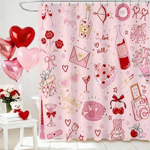 lot 5849 image: Lindameler Pink Valentines Shower Curtain Set Rose Flowers Giftand Wine Wishing Happy Valentines Day for Valentines Bathroom Decor Includes 12 Hooks 72x72 Inches