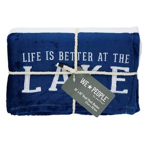 lot 5853 image: Pavilion - Life is Better at The Lake - Blue & White Striped Super Soft 50 x 60 Inch Striped Throw Blanket with Embroidered Text