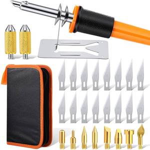 lot 5879 image: 30 Pieces Electric Hot Knife Cutter Tools Multipurpose Knife Stencil Cutter Wooden Burning Tool with 2 Metal Stand, 16 Blades, 2 Chuck Sleeves for Cutting Carving Soft Thin Foam Cloth