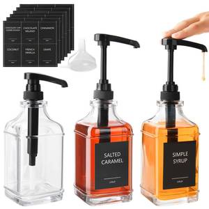 lot 5912 image: BPFY 3 Pack 16.9oz (500ml) Glass Coffee Syrup Dispenser with Pump, Syrup Pump Dispenser for Coffee Bar, Coffee Syrup Bottles with Labels