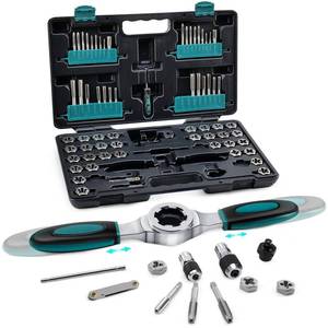 lot 5920 image: Bestwork 76-Piece SAEMetric Tap and Die Set with Extendable Ratcheting Tap Handle, Rethreading Tool Kit for Internal and External Threading - Retail $79