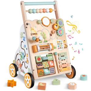 lot 5921 image: Wooden Baby Walker with Wheels, Push Walker with Baby Activity Center, Montessori Walking Toy for Girls Boys, Ajustable Speed & Height Activity Toy for Toddler Learning to Walk (Natural)