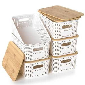 lot 5955 image: ZFTMRR Plastic Storage Baskets with Bamboo Lids, Stackable Small Box Bins for Organizing and Containers for Shelves Drawers Desktop Closet Pantry Classroom Office Home, 6 Pack 10.2x7.2x4.1 Inch, White