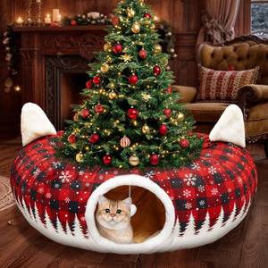 lot 5963 image: CORALMEE Cat Tunnel Christmas Tree Skirt, 3ft x 3ft x 9.8in Cat Tunnels for Indoor Cats, Buffalo Plaid Peekaboo Cat Tunnel Bed with Hanging Ball, Kitten Toys for Indoor Kittens Puppy Rabbit Ferret