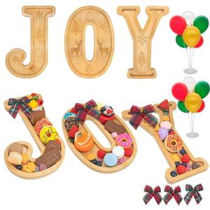 lot 5969 image: Nsoyos 3PCS Bamboo Christmas Decorations Letters Charcuterie Board Box-(with 14 Balloons and Bow) Joy Charcuterie Letters Fillable Food Christmas Party Supplies Table Decoration Food Tray Platter