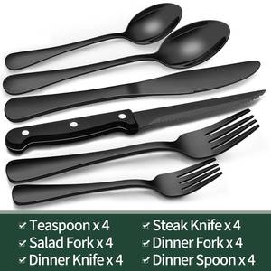 lot 5975 image: EWFEN  Black Silverware Set with Steak Knives, Black Flatware , Food-Grade Stainless Steel Tableware Cutlery Set, Mirror Finished Utensil Sets for Home Restaurant, Round Edge