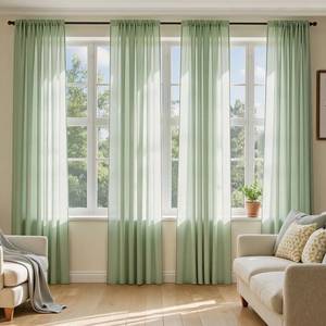 lot 7053 image: MIULEE Sage Green Sheer Curtains 90 Inches Long, 4 Panels Set, Light Filtering Rod Pocket Voile Drapes Window Treatments, Semi Transparent Airy Fabric for Bedroom and Living Room, 42 x 90 Inches