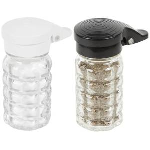 lot 7060 image: Tablecraft Moisture Proof Salt & Pepper Shakers - 1.5 Oz - Glass wBlack & White Lids Spring Loaded, No Clog, Set of 2