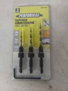 lot 1067 image: Performax 3-Piece Tapered Countersink Drill Bit Set