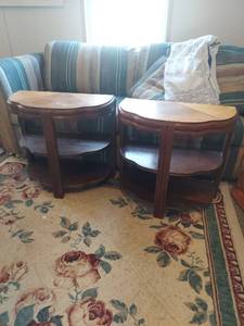 lot 2020 image: Art Deco Style Half Round Two-Tier Side Tables