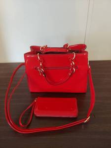 lot 2027 image: Red Patent Leather Handbag and Wallet with Gold Hardware
