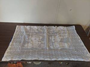 lot 2043 image: Handmade Filet Crochet Cotton throw with Blue Backing