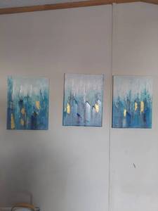 lot 2111 image: Modern Abstract Blue and Gold Canvas Art Set