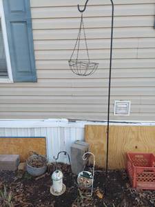 lot 2135 image: (3) Metal Shepherds Hook with Hanging Basket and Bird Feeders