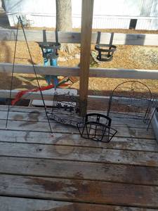 lot 2140 image: Decorative Metal Plant Stand with Woven Base Shelf and Hose Hanger