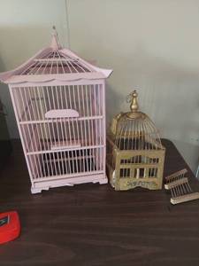 lot 2146 image: Decorative Bird Cage Set - Pink Pagoda & Gold (needs repaired)