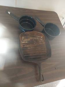lot 2171 image: Cast Iron Grill Pan and Enameled Sauce Pans