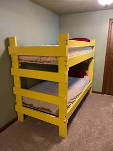 Yellow Wooden Slatted Twin Bunk Bed Frame and Mattresses