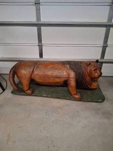 Large Hand-Carved Wooden Lion Sculpture