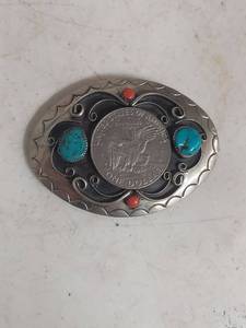 lot 2184 image: Southwestern Eisenhower Dollar Belt Buckle with Turquoise