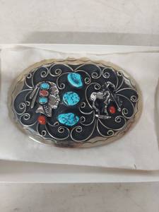 lot 2210 image: Southwestern Belt Buckle with Turquoise and Coral