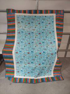 lot 1267 image: Childrens Airplane Quilt with Colorful Striped Border - Twin Size