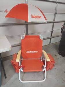 lot 1249 image: Budweiser Folding Beach Chair with Umbrella and Side Coolers