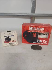 lot 1275 image: Jim Beam and Marlboro Promotional Baseball Caps with Belt Buckle Bundle