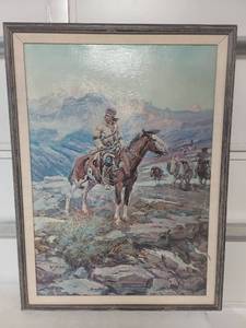 lot 1298 image: Horseman Mountain Landscape by CM Russell Framed Print