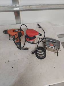lot 1355 image: Black & Decker Drill, 14 Sheet Sander, and Shop-Kraft Jig Saw