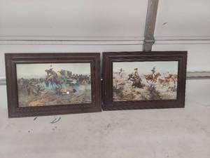 lot 1792 image: Framed Western Cowboy and Cattle Scene Prints by CM Russell