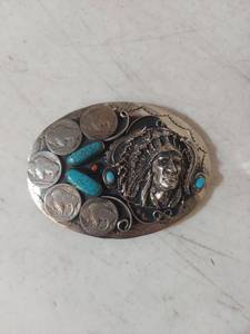 lot 2009 image: Native American Chief Belt Buckle with Buffalo Nickels and Turquoise