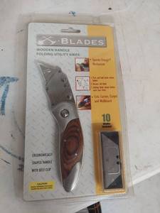 lot 2079 image: X-Blades Wooden Handle Folding Utility Knife with 10 Replacement Blades