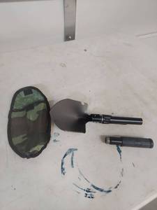 lot 2085 image: Military Tactical Folding Shovel with Compass and Camo Pouch