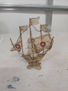 lot 2090 image: Handcrafted Metal Filigree Sailing Ship Model with Cross Emblems