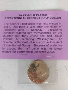 lot 2098 image: 24K Gold Plated Bicentennial Kennedy Half Dollar 1976