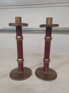 lot 2110 image: Solid Brass Candlesticks with Red Stems