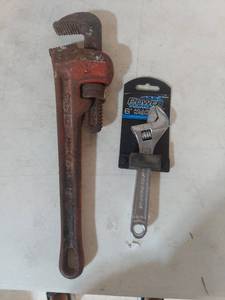 lot 2130 image: Ridgid Pipe Wrench and 6-inch Adjustable Wrench Set
