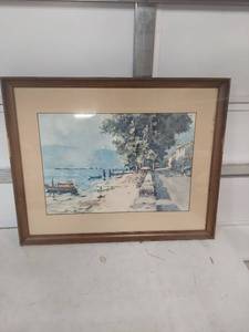lot 2177 image: Watercolor Coastal Harbor Scene with Boats