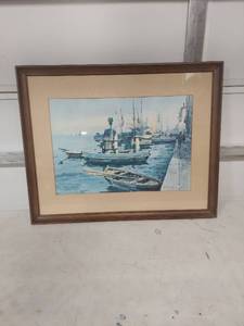 lot 2184 image: Framed Watercolor Harbor Scene with Fishing Boats