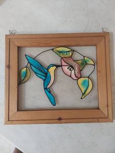 lot 2208 image: Stained Glass Hummingbird and Flower Art Panel in Wood Frame