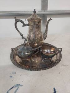 lot 2224 image: Silver Plated Tea Service Set with Ornate Tray