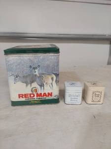lot 2238 image: Red Man Chewing Tobacco Tin with Whitehall and Brush Creek Smoking Mixture Tins