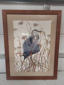 lot 2241 image: Great Blue Heron Bird Wildlife Print Signed 1974
