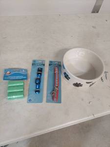 lot 2254 image: Dog Supplies Kit with Bowl, Collar, Leash and Waste Bags
