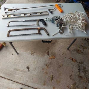 lot 1034 image: Mixed Hand Tool Lot - Hacksaws, Pulley Block, Spirit Level and Burner